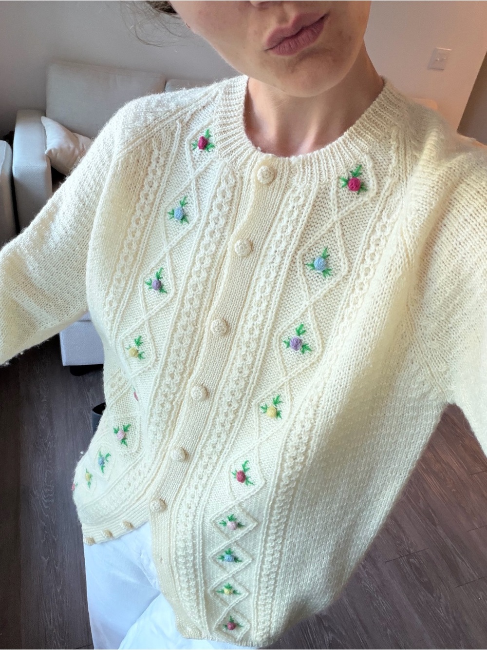 Cream Floral Embroidered Button-Front Cardigan Sweater